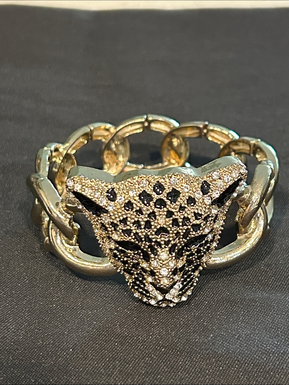 Cheetah Head Statement Bracelet | Silver & Gold Tone | Crystal Rhinestone Cuff - Picture 5 of 8